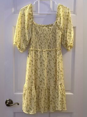 Only Yellow Floral Smocked Midi Dress with Puff Sleeves